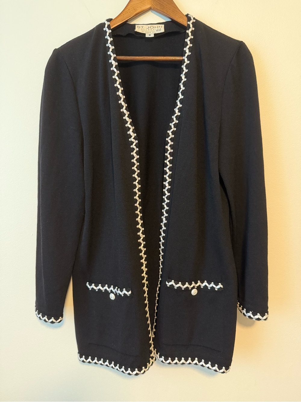 St. John Collection Santana Knit Zip-Up Cardigan Black w/White Trim Jacket